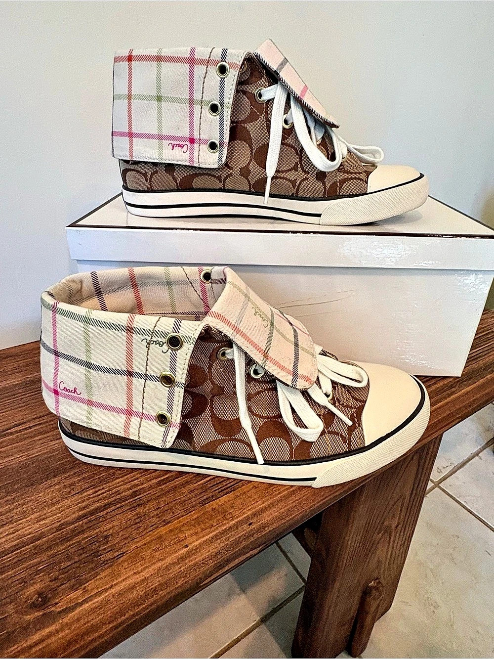 Coach Bonney Signature Plaid Fold-Over High Top Sneakers 7.5